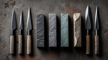 A striking arrangement of high-quality knives and sharpening whetstones showcased on a rustic surface. Perfect for culinary enthusiasts and artisans.の素材