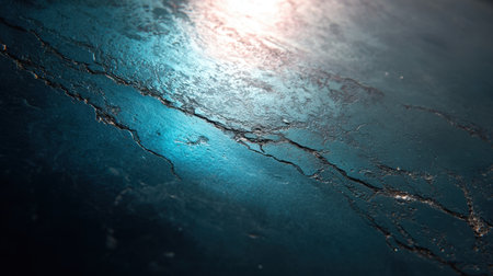 This image features a visually striking textured surface showcasing cracks and shimmering reflections in vibrant blue and silver tones. Ideal for various design applications.の素材