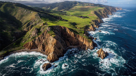 Stunning aerial view of a dramatic coastline featuring rugged cliffs, turquoise ocean waves, and lush green scenery, perfect for travel and nature themes.の素材