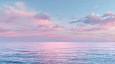 A stunning seascape at dusk showcasing a calm ocean reflecting hues of pink and blue from the evening sky, creating a tranquil and serene atmosphere.の素材