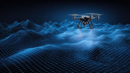 A visually striking image of a drone flying over a digital landscape, featuring illuminated wireframe waves in neon blue, showcasing advanced technology and innovation.の素材