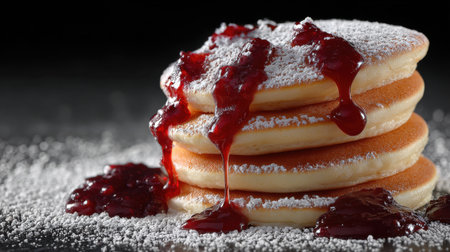 A mouthwatering stack of fluffy pancakes drizzled with sweet fruit jam and dusted with powdered sugar, perfect for a delicious breakfast or brunch treat.の素材