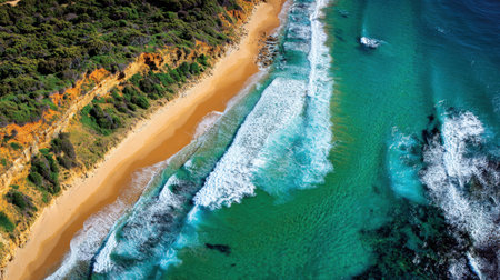 Experience the beauty of nature in this striking aerial view of a serene beach where turquoise waters meet a golden sandy shoreline, capturing tranquility.の素材