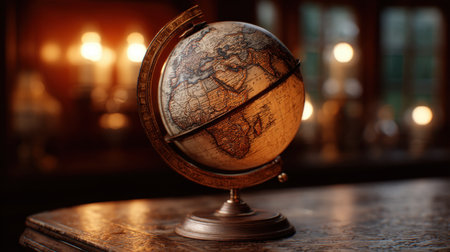 A vintage globe rests on a wooden table, illuminated by warm dim lighting. The intricate details of historical maps create a cozy, inviting atmosphere perfect for travel enthusiasts.の素材