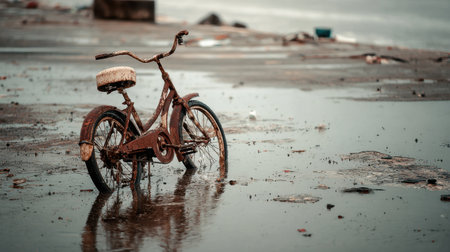 A rusty, abandoned bicycle stands in shallow puddles along a shoreline, surrounded by a moody, overcast sky. The image captures a nostalgic and melancholic atmosphere, reflecting themes of decay and solitude in an urban landscape.の素材