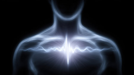 A captivating illustration of a human silhouette featuring a heartbeat pulse wave, symbolizing life, energy, and vitality against a dark background.の素材