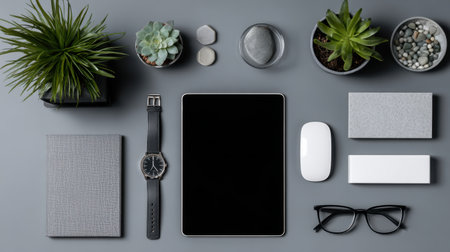 A minimalistic workspace featuring a tablet, office supplies, and various plants arranged on a sleek gray background. Ideal for business and creative themes.の素材
