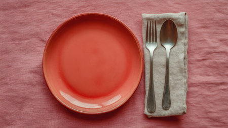 This image showcases a vibrant coral plate alongside a fork and spoon, elegantly arranged on a soft pink linen tablecloth, perfect for dining setups.の素材