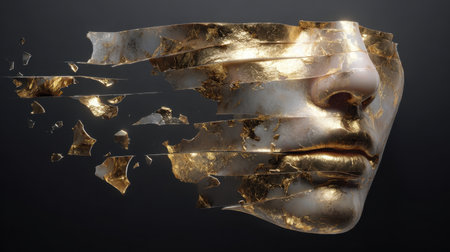 This abstract art piece features a stylized face with gold textures and shattered layers, symbolizing identity and transformation in a modern context.の素材
