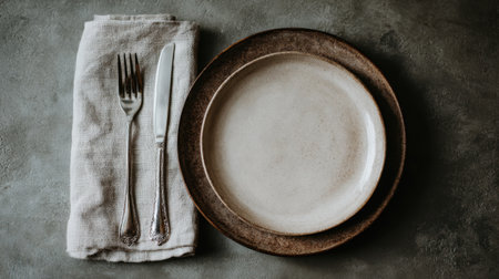 A beautifully arranged dining setup featuring rustic tableware with a textured background. Ideal for showcasing culinary styles and dining aesthetics.の素材