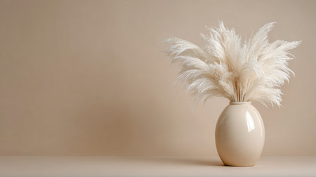 A stunning arrangement of white pampas grass sits gracefully in a minimalistic ceramic vase, creating a tranquil and elegant atmosphere perfect for modern interior design.の素材