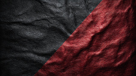 This striking image features a textured surface of black and red leather with natural wrinkles, ideal for backgrounds in design and craft projects.の素材