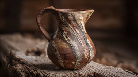 This image features a rustic clay jug with a unique striped design, resting on a weathered wooden surface. The natural light highlights its texture and craftsmanship.の素材
