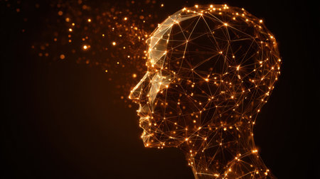 This captivating image features a glowing particle representation of a human profile, symbolizing the fusion of technology and creativity. Perfect for science and art themes.の素材