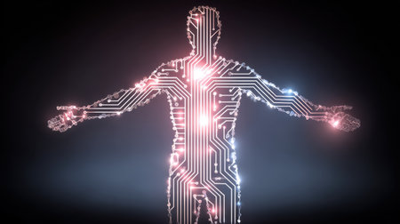 This abstract image showcases a human figure composed of circuit patterns and glowing lights, symbolizing the connection between humanity and technology.の素材