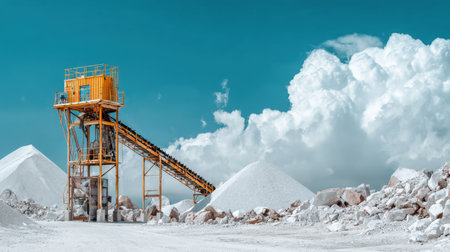 A vibrant industrial site showcasing a yellow conveyor system transporting minerals against a stunning blue sky with fluffy white clouds.の素材