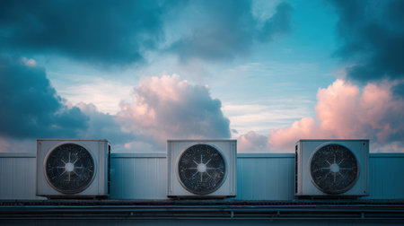This image features air conditioning units on a rooftop against a backdrop of dramatic clouds and sunset colors, showcasing urban technology and industrial design.の素材