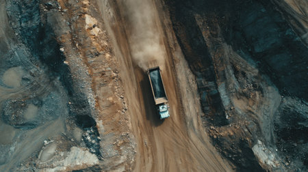 This aerial image captures a heavy truck maneuvering on a dirt road within an open quarry, highlighting the scale of mining operations and earth-moving activities.の素材