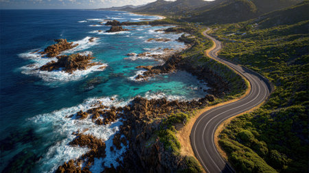 An aerial view showcases a winding coastal road along the beautiful shoreline, with vibrant blue waters and rocky formations under a bright sky.の素材