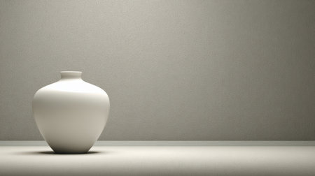 A serene and minimalist composition featuring a white vase on a simple table set against a soft gray background, highlighting elegance and design.の素材