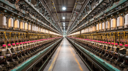 Captivating view of an industrial textile factory highlighting organized rows of spools and machinery, emphasizing the modern manufacturing environment and efficiency.の素材