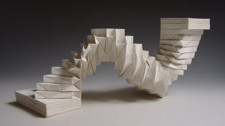 This striking architectural model showcases a unique stair design, blending origami elements and geometric shapes, creating a captivating visual experience.の素材