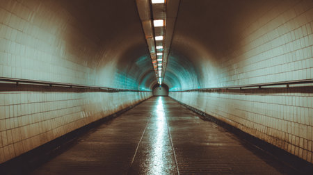 This captivating image features a serene urban tunnel with glowing lights creating reflections on a wet surface. The intriguing perspective and symmetry invite exploration.の素材