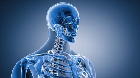 This detailed illustration features a transparent human skeleton, highlighting the skull and spine against a dark background. Ideal for educational purposes.の素材