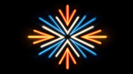 This striking image features a vibrant starburst design created with neon lights in blue, orange, and white, set against a dark backdrop. Ideal for modern art displays.の素材