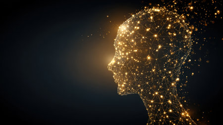 This captivating image depicts a glowing silhouette of a human head, intricately formed by luminous particles and connections, representing creativity and digital innovation.の素材