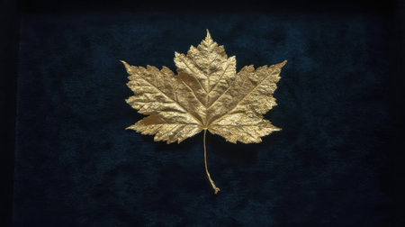 A stunning golden maple leaf laid on a deep dark backdrop, creating a striking visual contrast that enhances the beauty and elegance of nature.の素材