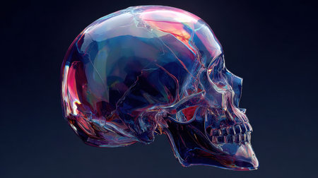 This stunning transparent skull model features intricate details with colorful reflections, making it a perfect piece for artistic and scientific purposes.の素材