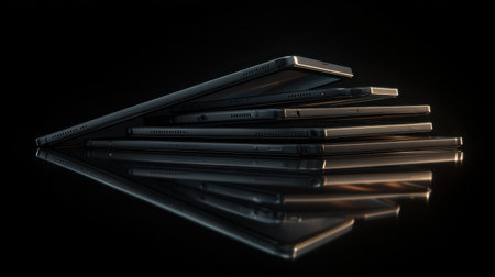 An artistic composition of modern smartphones arranged in a dynamic stack, showcasing their sleek designs and reflective qualities on a dark background.の素材