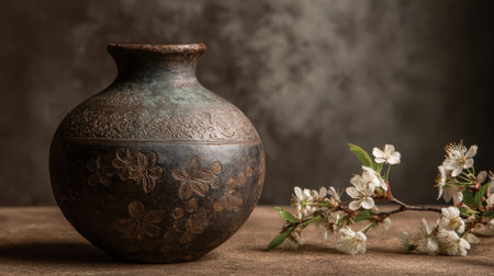 This image features an ornate vintage pot adorned with delicate floral designs, accompanied by a blossom branch, set against a rustic background.の素材