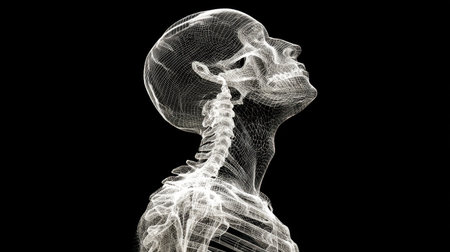 This image features a detailed wireframe model of human anatomy, emphasizing the skeletal structure and profile view against a black background. It serves as an educational tool for medical and biological studies.の素材