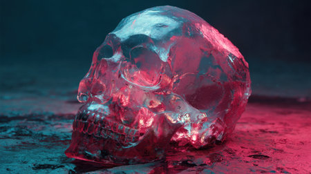 This striking image features a crystal clear skull made of ice, illuminated with vibrant pink and blue lighting, creating a visually captivating aesthetic.の素材