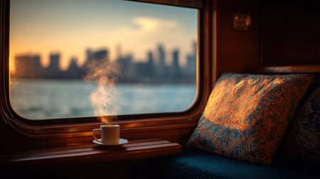 A serene view from a window showcases a steaming coffee cup resting on a wooden table, illuminated by the warm glow of sunset over an urban skyline.の素材