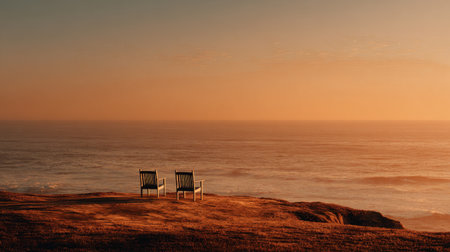 This image captures a serene and beautiful sunset with two chairs overlooking the calm ocean waters. Perfect for evoking feelings of peace and tranquility.の素材