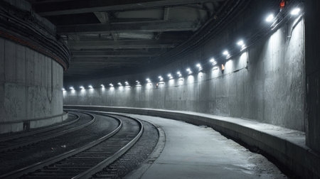 An atmospheric view of a dark underground tunnel featuring curved rail tracks illuminated by soft lights. Perfect for themes of urban exploration and transportation.の素材