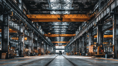 A vast industrial warehouse featuring an overhead crane and various machinery, showcasing the spacious design and structured environment ideal for manufacturing operations.の素材