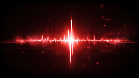 This striking graphic features a vibrant red sound wave against a dark background, ideal for music and audio visual projects, symbolizing energy and rhythm.の素材