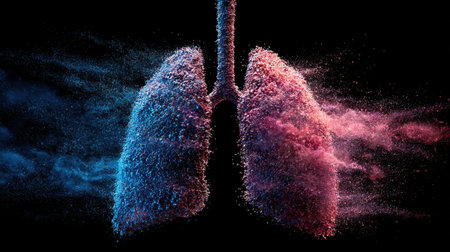 This abstract image creatively showcases human lungs formed from colorful powder, symbolizing the essence of breathing and health in a dynamic visual representation.の素材