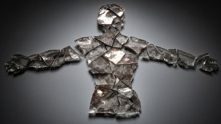 This striking artwork features a human form made entirely of fragmented glass pieces, showcasing the interplay of light and reflection.の素材