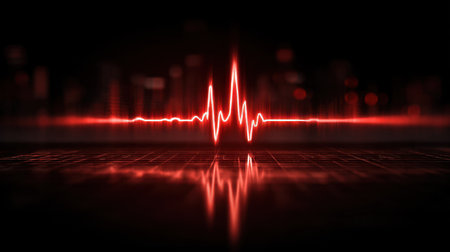 A striking red heartbeat waveform visually represents vital signs against a dark background, symbolizing health and technology integration in medicine.の素材