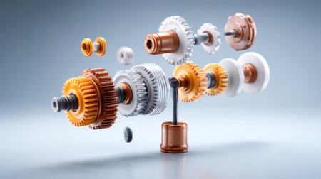 This image showcases an abstract arrangement of engine parts, highlighting intricate gears and mechanical components in a visually striking way.の素材