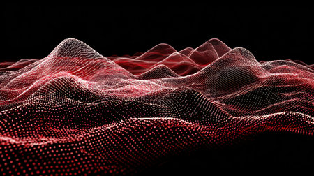 This abstract image showcases a digital landscape created with red dot patterns that form wave-like structures against a dark background, perfect for technology themes.の素材