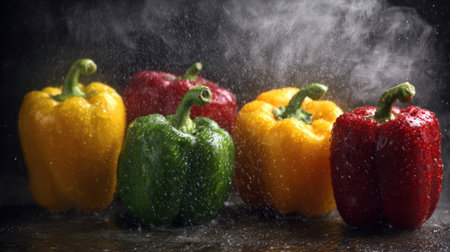 A captivating arrangement of fresh bell peppers in vibrant colors featuring a splash of water, ideal for culinary presentations and food styling projects.の素材