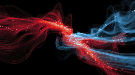 This captivating abstract design features vibrant red and blue fluid waves merging artistically, creating a mesmerizing visual effect on a dark backdrop.の素材