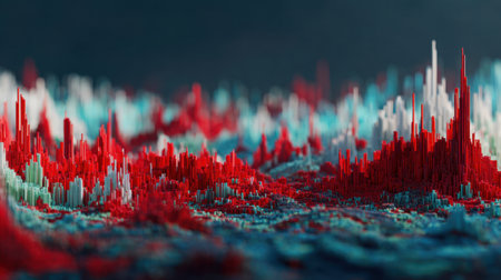This image showcases a vivid abstract representation of colorful sound waves in a 3D space, highlighting vibrant red and teal peaks that create a dynamic visual experience.の素材