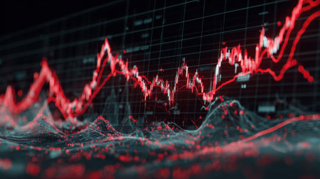 Dynamic financial data visualization showcasing vivid red trends and fluctuating graphs against a dark backdrop, ideal for concepts related to finance and analytics.の素材